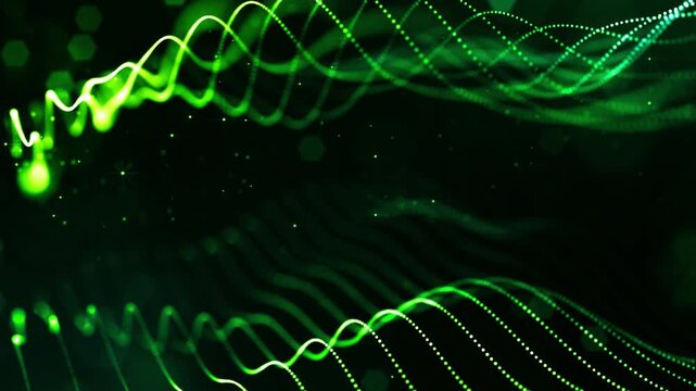 3d render vj loop Bright threedimensional motions. Glowing sine waves dance across three axes with sparkle. Illuminated sinusoidal flows move dynamically through three dimensional space with shimmer