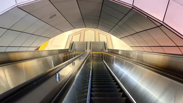 First person perspective moving down escalator in modern empty subway station