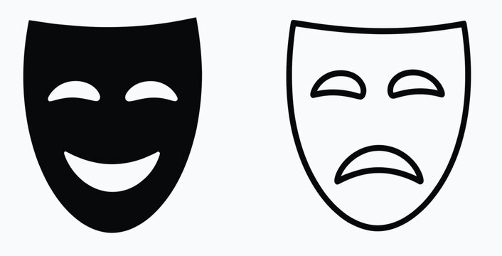 Theatrical Masks Icon Set Featuring Comedy and Tragedy Symbols for Drama, Acting and Stage Performance Vector Designs