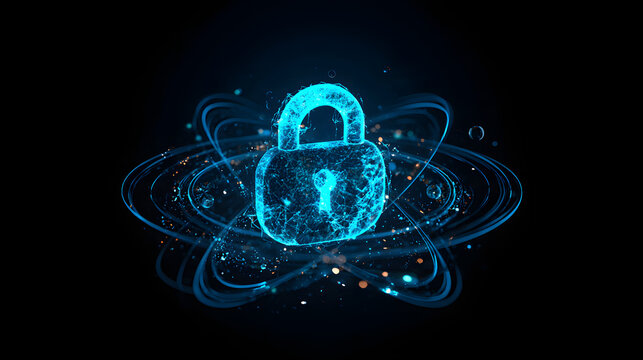 A sophisticated quantum cryptography digital padlock is encircled by a shimmering atomic network security orbit
