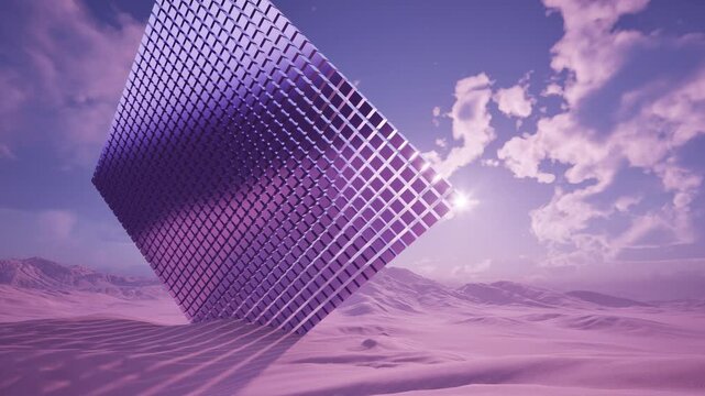 3d render landscape, cubes Purple cube floating over pink dunes, glossy grid surface catching low sun, long patterned shadows across textured sand, dramatic cloudfilled sky, otherworldly atmosphere,
