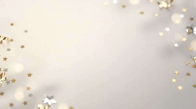Gold and silver star confetti background with bokeh lights and festive celebration theme