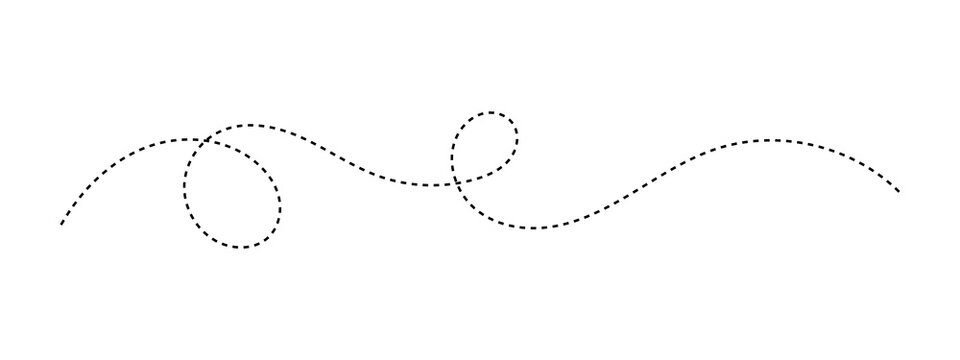 Black dashed line in a curvy wave shape with a decorative swirl for design elements