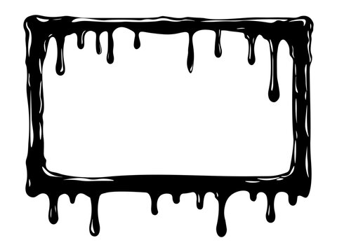 Thin black wet paint frame with glossy white highlights and uneven drips running down from the top inner edge and the bottom outer edge, with a blank rectangular center for text