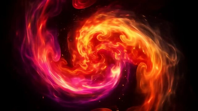Fiery spiral vortex background, swirling orange and red fire galaxy on black, glowing hot energy motion graphic loop