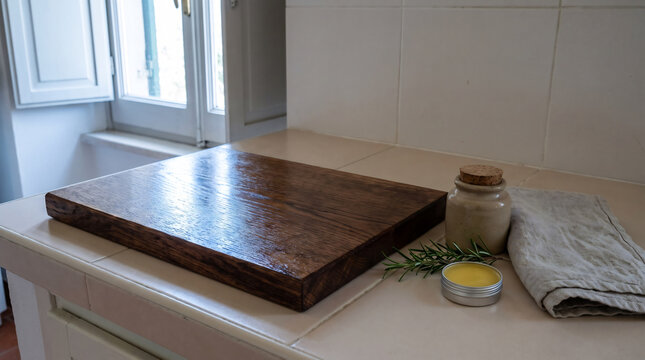 Newly oiled oak cutting board with polish pot rosemary and beeswax tin on a tiled worktop