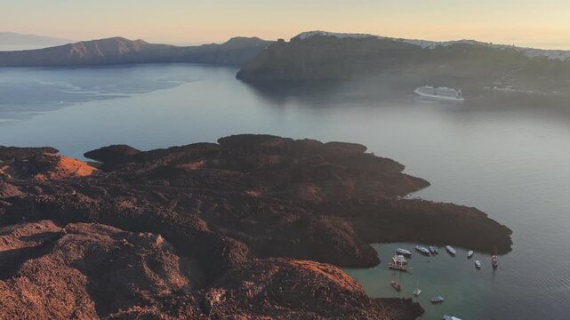 Santorini Nea Kameni caldera landscape aerial view in Greece