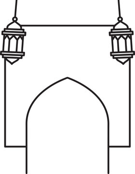 Ramadan kareem arch frame with hanging lanterns vector line art ramadan