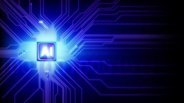 Futuristic artificial intelligence chip animation with glowing blue circuitry, digital binary code, and spacious dark copy space. Ideal for AI technology, machine learning, and digital transformation.