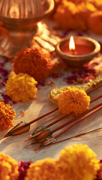 Vijayadashami rituals are depicted with elaborate bow and arrow decorations, marigold flowers, diya lamps, and bright temple courtyard altars, all under a serene and devotional atmosphere, for the cel