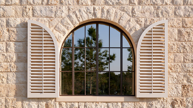 Elegant arched window with open white wooden louvers set within a textured rustic stone wall facade reflecting green pine trees outside