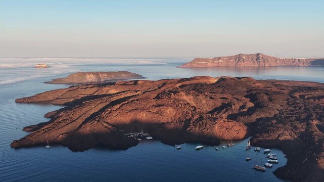 Aerial view of Nea Kameni island in Santorini Greece