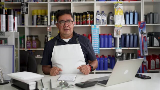 Mature latino mechanic managing car repair shop inventory, experiencing stress before showing thumbs up