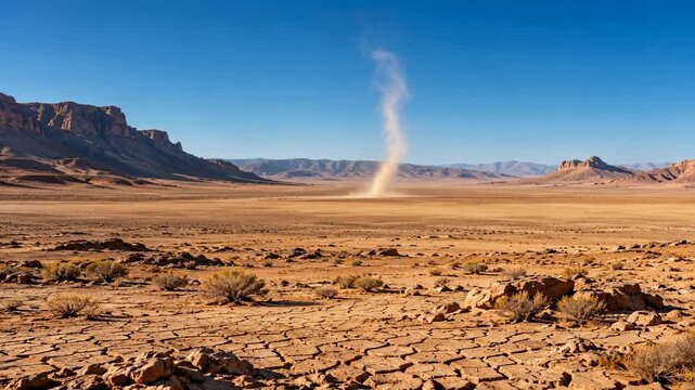 Desert Dust Devil Rises Across Cracked Arid Plain Beneath Blue Sky, Framed by Rugged Mountains, Sandstone Peaks and Sparse Dry Shrubs