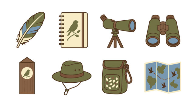 Birdwatching gear collection with a feather and bird notebook beside binoculars and a spotting scope plus a birdhouse and field hat with a shoulder bag and folded map in flat outlined style