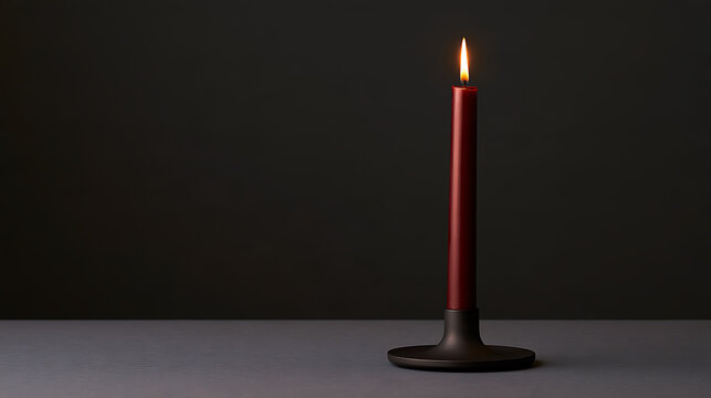 A single red taper candle burning with a warm flame in a dark room, creating a calm and peaceful mood for relaxation and meditation use