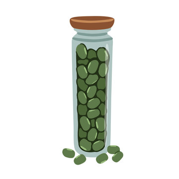 Green mung beans stored in a tall glass jar. Legume seed for healthy vegan cooking, pantry organization, and zero waste grocery storage concept. Flat vector illustration. hand drawn.