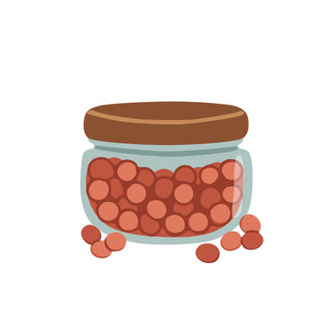 Red lentils stored in glass jar with lid. Legume seed for healthy vegetarian cooking, zero waste pantry, and organic legume nutrition concept. Flat vector illustration, hand drawn.