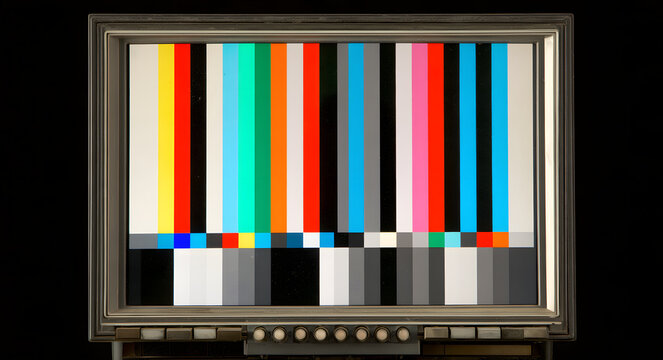A vintage television test pattern featuring vibrant vertical stripes and grayscale squares, reminiscent of retro broadcast signals and old-school TV calibrations, nostalgic media presentation, and an 