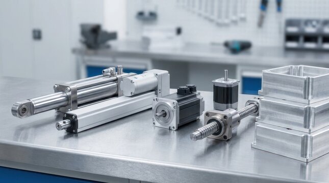 Industrial automation components with hydraulic and electric actuators, servo motors, ball screws, and aluminum housings on a clean workbench.
