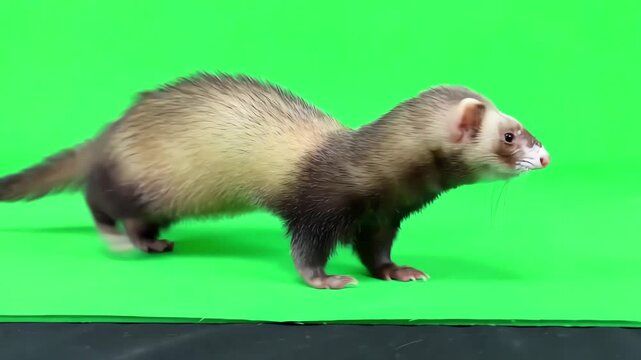 Cute domestic ferret walking across a bright green screen background for easy chroma key compositing in post production