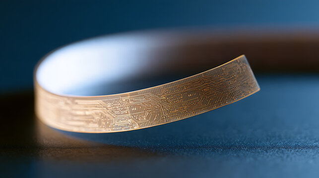 Flexible printed circuit board close up view macro shot showing microchip pathways and modern semiconductor technology for electronics design