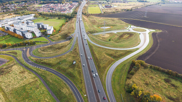 Aerial view of Queen Margaret junction on A1 road near Musselburgh, East Lothian