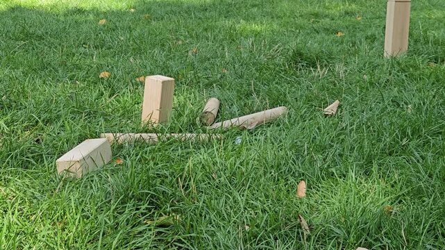 Fallen kubb blocks and batons rest in long green grass after a round of viking chess. Unhurried outdoor leisure and simple analog play for weekend lifestyle themes.
