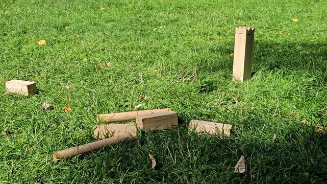 The crowned kubb king stands alone among fallen blocks and batons on a sunny lawn. Endgame tension and a final shot to win for leisure and competition stories.