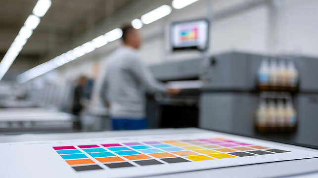 Industrial offset press machine print shop factory production line commercial job shop interior worker paper sample color proof swatch test
