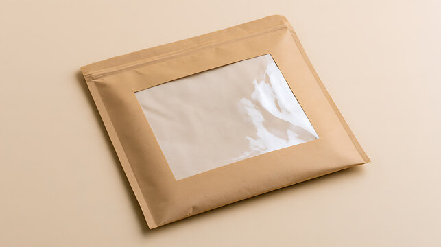 Craft paper mailer envelope with transparent window mockup on beige background, eco friendly packaging concept for delivery and mail service