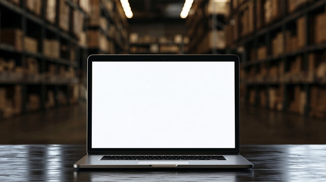 Laptop with blank white screen on a wooden desk with a blurred warehouse background. Perfect for inventory management software presentation and supply chain web design.