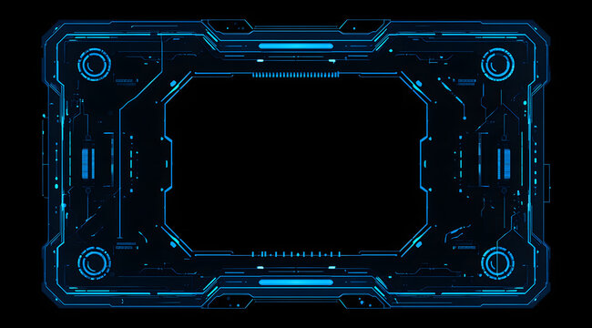 A futuristic blue neon digital interface frame with sci-fi design elements on a black background.