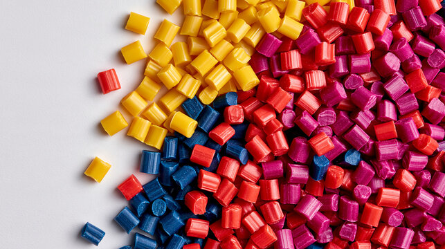 Colorful plastic polymer pellets isolated on white background. Industrial raw material and manufacturing concept.
