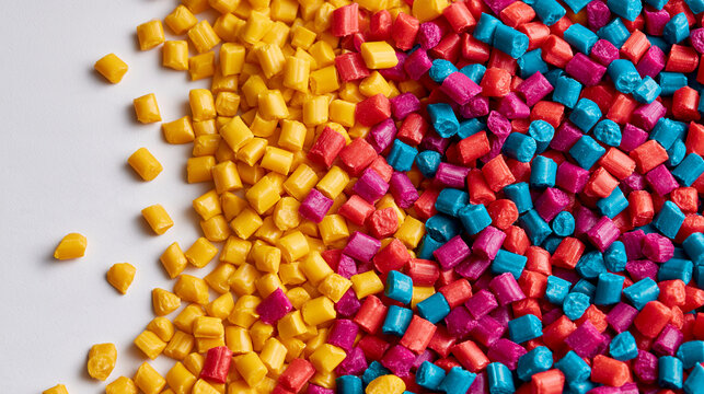 Vibrant colorful plastic polymer pellets isolated on white background. Industrial granules for manufacturing and raw material processing themes.