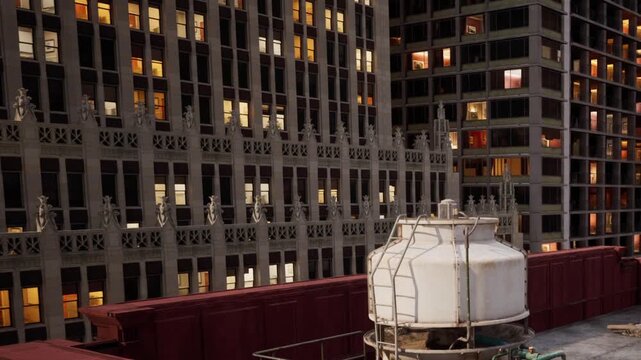 Bright lights shine from many apartment windows inside high stone skyscrapers while a large cooling tower sits on a flat dark red rooftop under the evening sky in a dense urban environment