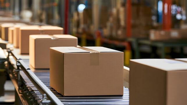 Cardboard boxes are moving on a conveyor belt in a busy warehouse, ready for shipping and delivery