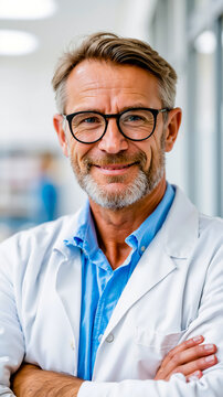 A smiling man in a white lab coat and glasses