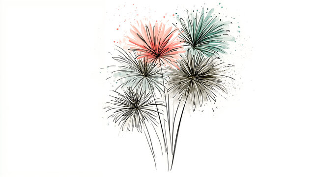 A digital illustration of three stylized fireworks with different colors and patterns set against a white background with scattered sparks