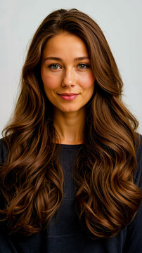 A woman with long brown hair and blue eyes smiling at the camera