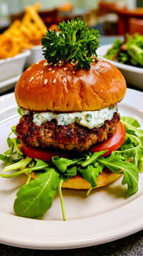 A close-up of a gourmet burger with a side of salad on a white plate