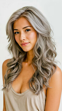 A woman with gray hair and a tan tank top