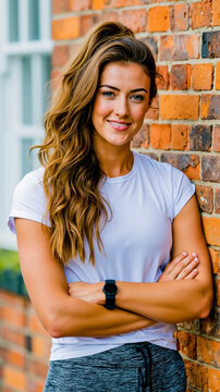 A woman with long brown hair wearing a white t-shirt and grey leggings is smiling and posing with her arms crossed against a brick wall