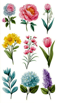 A collection of nine different flowers each with its own unique color and shape arranged in a grid pattern