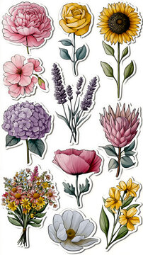 A collection of nine stylized flower stickers each with a unique color scheme and design arranged in a grid pattern