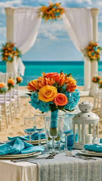 A beach wedding setup with a table adorned with blue and white tableware a floral centerpiece and a view of the ocean