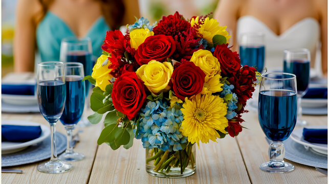 A vibrant bouquet of flowers in a clear vase sits on a table with blue glasses and plates
