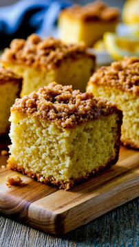 A close-up of a slice of cake with a crumbly texture topped with nuts on a wooden cutting board