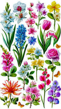 A vibrant and colorful collection of various flowers and leaves arranged in a grid pattern