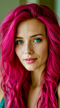 A woman with pink hair and blue eyes